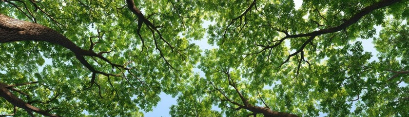 Obraz premium A vibrant view of a leafy canopy, showcasing lush green foliage and branches against a bright sky.