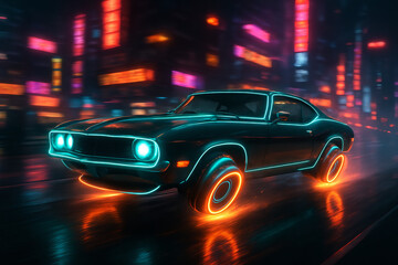 Naklejka premium Classic car with glowing neon lines driving in a futuristic city