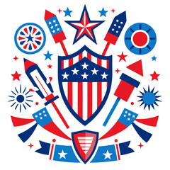 American Patriotic Icons and Fireworks Vector Set