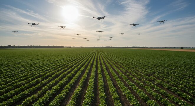 Swarm of Drones Spraying Crops at Sunset Over Lush Green Field - Powered by Adobe