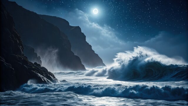 Dramatic moonlit ocean waves crashing against rocky cliffs under a starlit sky perfect for travel