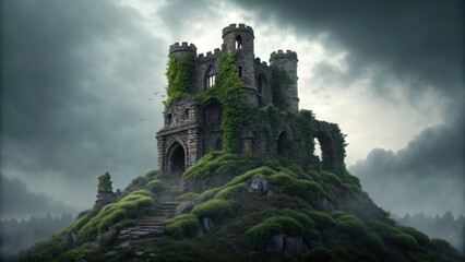 Obraz premium Enchanting medieval castle ruins overgrown with vines under a dramatic cloudy sky, evoking fantasy and adventure
