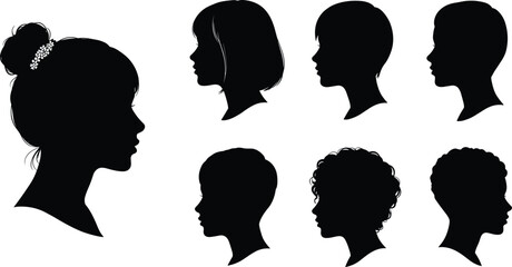 Silhouette collection of female profiles with different hairstyles, side view portraits, diverse haircuts, beauty, fashion, identity, hairstyle variety, women faces © Parvej Creatives