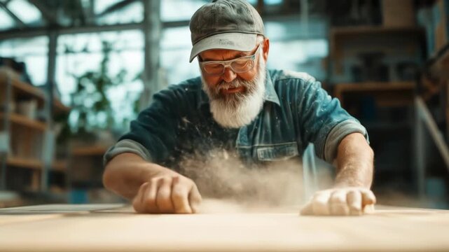 Skilled craftsman diligently smoothing a wooden surface, creating a cloud of fine dust in his