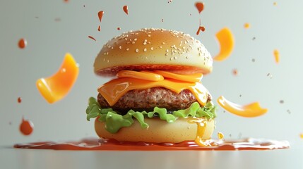 Delicious burger with splashes of sauce, studio shot