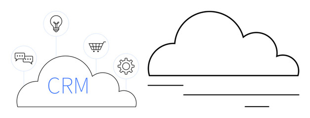 CRM text inside cloud icon surrounded by light bulb, chat, shopping cart, gear icons. Ideal for technology, data management, customer support, innovation, digital business cloud systems simple flat