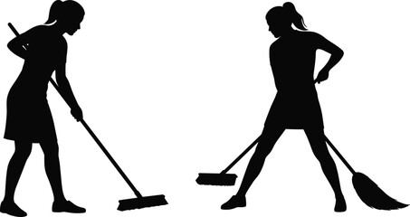 Silhouette of two women sweeping floor with brooms, cleaning, household chores, teamwork, home care, janitorial work, domestic activity concept.