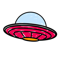 Children's style colored pencil hand drawn UFO set. Vector illustration 