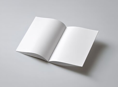 Realistic open booklet mockup with blank white pages. A 3D rendered template for a magazine or catalog layout on a gray background.