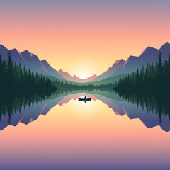 Still Lake at Golden Hour with Reflections of Mountains and Pine Trees – Minimalist Nature Scene