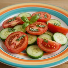 Fresh tomato and cucumber salad with basil on a striped plate