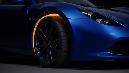 Close up view of a blue sports car with illuminated wheel arch and sleek headlight design visible