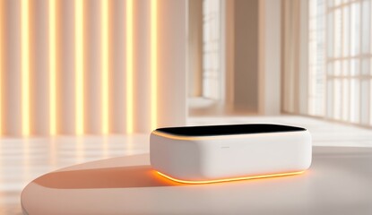 Modern white device with ambient lighting sits on a smooth in a bright, minimalist interior creating a sense of calm and innovation.