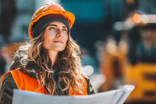 A woman wearing an orange safety vest and hard hat, holding blueprints while observing her surroundings at a construction site. The scene conveys focus and determination.