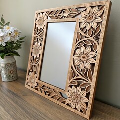 laser cut wood mirror floral frame