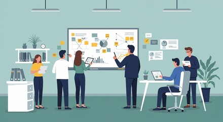 Business Team Collaboration: Analyzing Data and Presenting Strategy in Modern Office