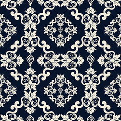 Elegant seamless floral pattern in dark blue and cream tones, suitable for textile, fabric, wallpaper, or background designs