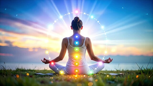 Woman in meditation pose with chakras
