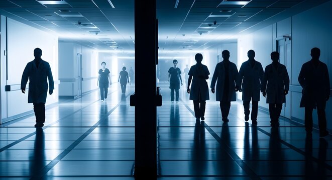 A group of silhouettes of doctors walking down a hospital corridor at night - Powered by Adobe