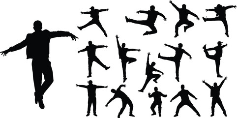 Silhouettes of energetic male dancers jumping, dancing in various poses, isolated on white background, perfect for design, motion, and movement themes.