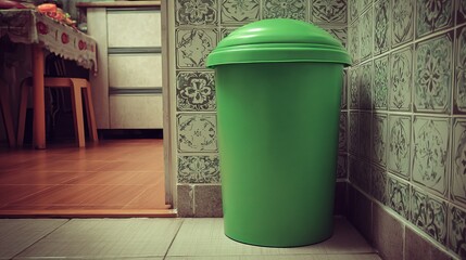 A bright green trash bin stands in the corner of a cozy kitchen, blending functionality with a splash of color.