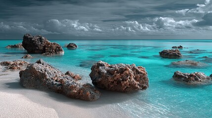 Turquoise water laps at rocky shoreline under a cloudy, muted sky
