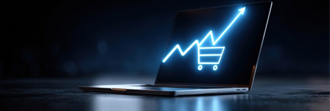 Marketing Trends and Online Shopping Growth Visualized on a Laptop Screen During a Late Night Work Session