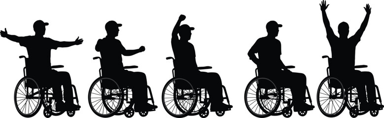 Fototapeta premium Silhouettes of happy men in wheelchairs expressing emotions, celebration, movement, inclusion, isolated on white background, disability awareness concept.