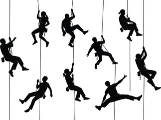 Obraz premium Diverse group of silhouetted individuals rappelling down a vertical surface on ropes against a white background