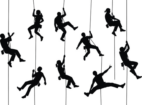 Diverse group of silhouetted individuals rappelling down a vertical surface on ropes against a white background