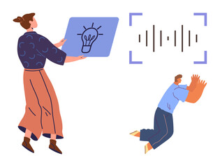 Woman presenting a lightbulb idea on a board, soundwave graphic symbolizing communication, man amplifying sound. Ideal for teamwork, creativity, brainstorming, innovation, communication, feedback