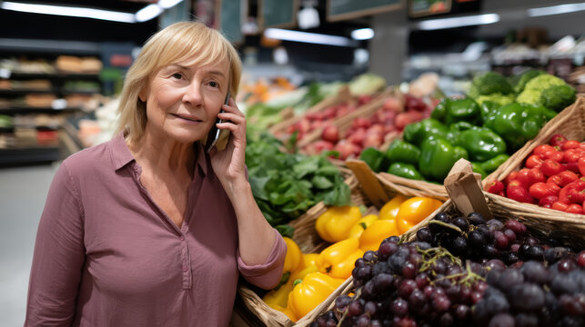Elderly woman consulting mobile phone while shopping grocery store