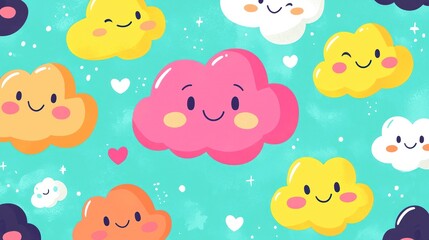 Fototapeta premium Cute clouds pattern, colorful, happy, whimsical, background, kids, children, fun, joyful