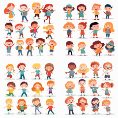 Large group of cartoon children, depicted in various activities, showing diverse ethnicities and expressions.
