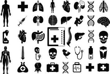 Collection of medical and anatomical icons representing human body parts organs and healthcare symbols in black silhouette