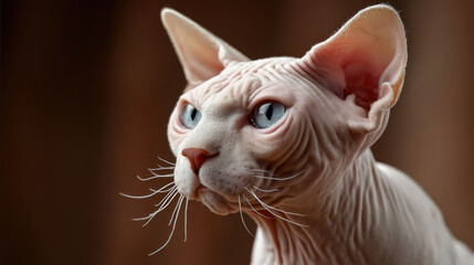Sphynx cat with blue eyes and wrinkled skin on brown background