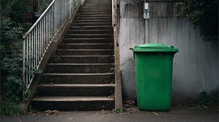 Fototapeta premium A vibrant green trash bin stands beside an old concrete staircase, surrounded by lush greenery.