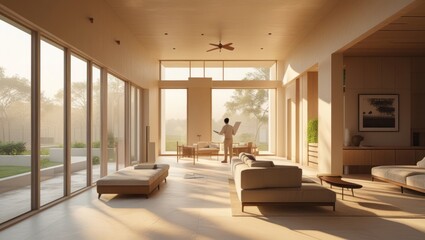 Fototapeta premium Spacious contemporary living room with large windows overlooking a serene garden.