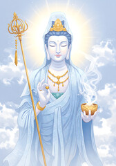 Obraz premium Serene Digital Art of Quan Yin, Buddhist Goddess, Surrounded by Clouds, Incense, and Halo.
