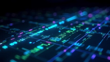 Dynamic digital data streams flow through glowing abstract futuristic circuit board with neon lights - Powered by Adobe