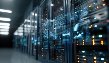 Rows of server racks glow with data streams and network activity, creating a futuristic atmosphere of connectivity and information processing.