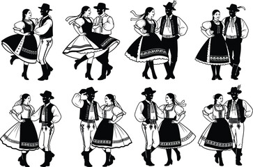 Collection of folk dancers in traditional attire performing various dance poses in a stylized black and white illustration