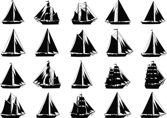Collection of twenty stylized black silhouette sailing ships and sailboats on a white background in a grid pattern