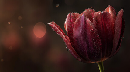 Close up of deep red tulip with delicate water droplets on its petals, set against softly blurred background, creating serene and elegant atmosphere
