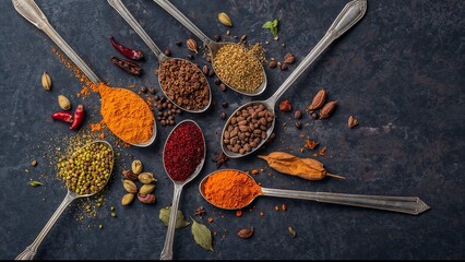 Flat Lay of Colorful Spices and Herbs. Top view of various vibrant spices and herbs arranged in a symmetrical pattern. Great for culinary themes or kitchen decor.