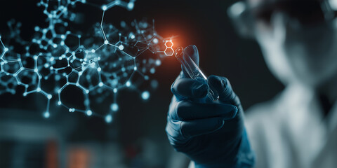 Scientist in laboratory is examining test tube with digital molecular structure overlay, symbolizing innovation in biotech and drug discovery