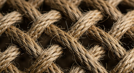 Detailed macro view of a brown braided material. The intricate woven pattern creates a textured background of natural-looking fibers.