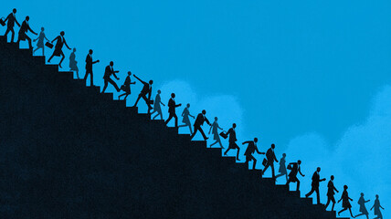 Naklejka premium Silhouetted group of people ascending staircase against blue sky, symbolizing progress and ambition. figures are in various poses, suggesting movement and determination