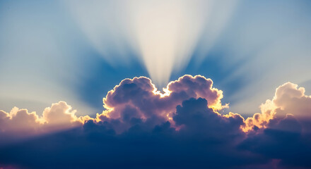 Sunbeams breaking through dramatic clouds at sunset or sunrise rays light Vector illustration of