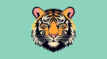 Tiger head graphic design, bold colors, flat style, digital art. Possible use stock photo for social media or print design